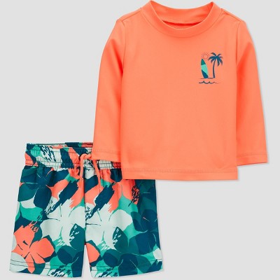 Carter's Just One You® Baby Boys' 2pc Long Sleeve Floral Print Rash Guard Set - Blue/Coral Orange 9M