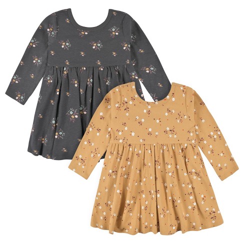 Gerber Baby Girls' Long Sleeve Dresses, 2-Pack, Mustard Floral, 12Months