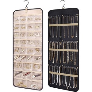 Hanging Jewelry Organizer Storage Roll with Hooks Double-Sided Jewelry Holder for Earrings, Rings on Closet, Wall, Door, 1 piece, Large, Black - 1 of 4