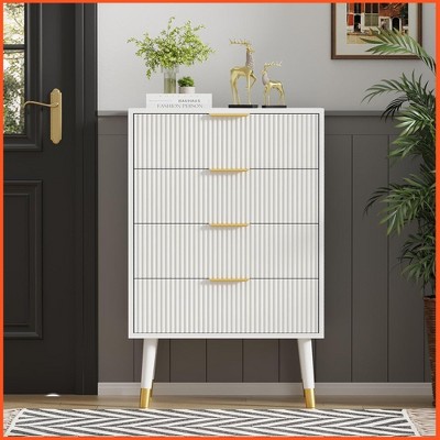 Homhougo 4 Drawer Dresser with Golden Handles & Feet Modern Chest of Drawers Organizer Cabinet White