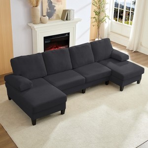 Mjkone 110"Velvet U-Shaped Sectional Sofa Couches, Upholstered 4-Seater Sofa with Double Chaises and Sleepable Armrests - 1 of 4