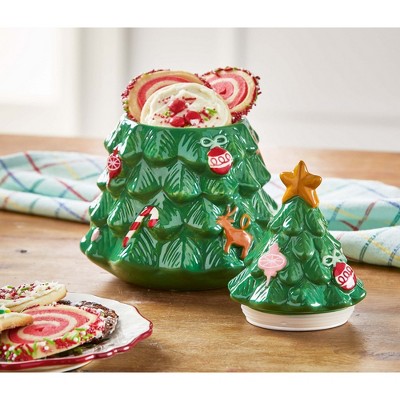 tagltd Green Christmas Tree Shaped Stoneware Cookie Jar, 6.6"L x 6.6"W x 10.0"H, 40 oz.