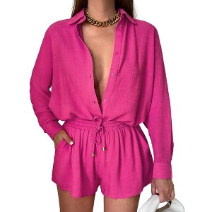 WhizMax Women's Casual 2 Piece sets Long Sleeve Button Down Shirt High Waist Drawstring Short Outfit sets - 1 of 4