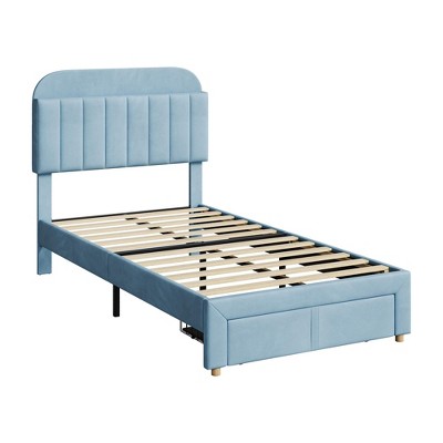 Twin Bed Frame for Kids - Storage Headboard & Drawer Underneath, Noise Free, Upholstered Platform Bed with Wooden Slats Support