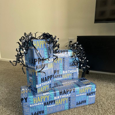 Birthday Wrapping Paper with Cut Lines - 3 Large Sheets Blue Happy Birthday  Gift Wrap Paper - 27 x 39.4 inch 