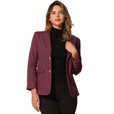 Allegra K Women's Notched Lapel Denim Single Breasted Shoulder Pad Business Casual Blazer