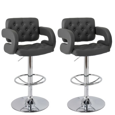 Set of 2 Adjustable Tufted Bonded Leather Barstool with Armrests Dark Gray - CorLiving