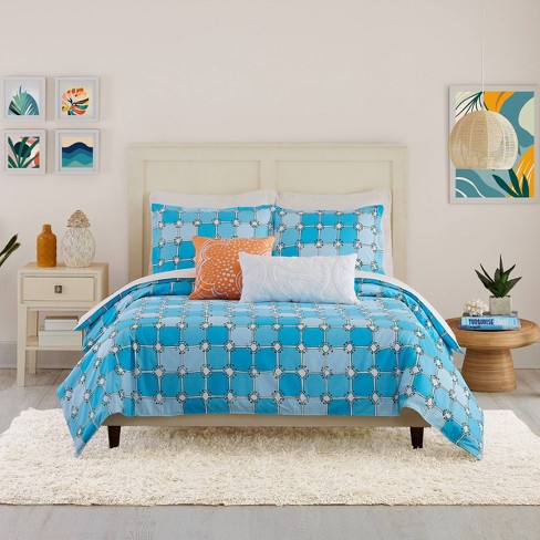 Trina Turk 3pc Full queen Aqua Square Duvet Set Contemporary Cotton Bedding 200 Thread Count Includes Shams Target