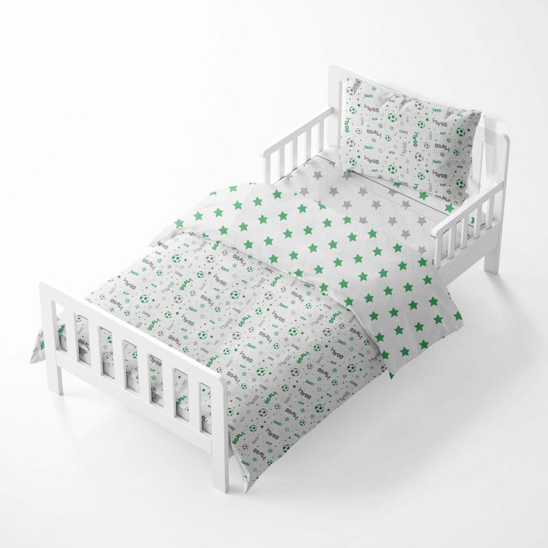 Bacati - Soccerball Green/Gray Muslin 4 pc Toddler Bedding Set, 2 of 9