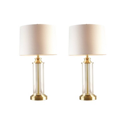 Gold and Clear Glass Cylinder Table Lamp Set with Drum Shades