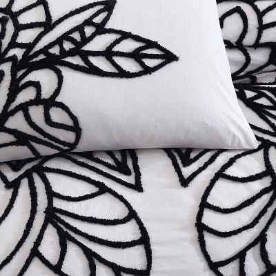 Full/Queen White Cotton Floral Tufted Duvet Set with Shams