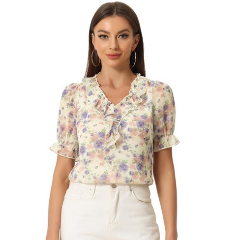 Allegra K Women's Ruffle V Neck Puff Short Sleeve Floral Blouse : Target