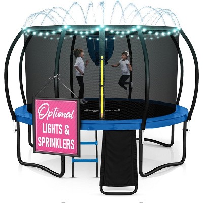 Joyberri Trampoline - ASTM Certified, 8-16ft for kids & adults. Anti-rust, with enclosure net, ladder, LED lights & sprinkler. Safe & fun!