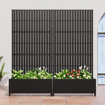 SpassWay Black Metal Planter Box with Trellis Raised Garden Bed with Arbor Privacy Screen with Wheels