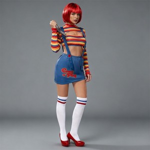 Joyfy Women's Creepy Doll Costume Complete Set with Red Wig & Prop | Killer Doll Outfit with Crop Top, Skirt, Socks for Halloween Cosplay - 1 of 4