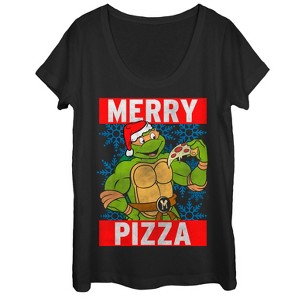 Women's Teenage Mutant Ninja Turtles Christmas Merry Pizza Scoop Neck - 1 of 3