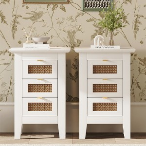 2pcs Tall Nightstand With 3 Drawers, Rattan Nightstand With Legs, Cabinet Bedside Table, End Table Dresser for Bedroom Living Room White - 1 of 4
