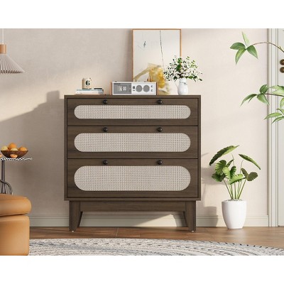 Rattan 3 Different Drawer Dresser for Bedroom,Natural Modern Closet Dresser with Wooden, Handles and Wooden Legs, Equipped with Anti-Tip Kits