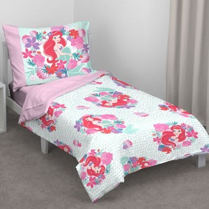 NoJo Disney Ariel Sea Garden 4 Piece Toddler Bed Set - Comforter, Fitted Sheet, Flat Top Sheet, Reversible Standard Size Pillowcase, Pink and Aqua - 1 of 4