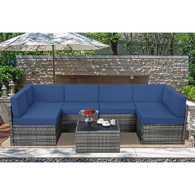 Cesicia 7-Piece Blue Sofa Set With Black PE Rattan Frame, Garden Patio Wicker Sectional Sofa Set with Coffee Table for Backyard, Porch, Balcony