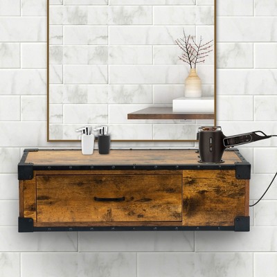 DOMETOUR Wall Mounted Hairdressing Workbench with Drawer, Burnt Wood Grain