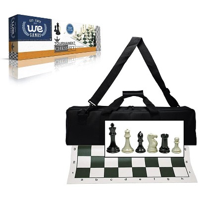 WE Games Complete Tournament Chess Set, Triple Weighted Chess Pieces with Green Roll-up Chess Board and Travel Canvas Bag