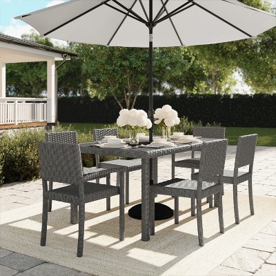 Gray Engineered Wood Top 7-Piece Dining Set with Rattan Wicker Chairs