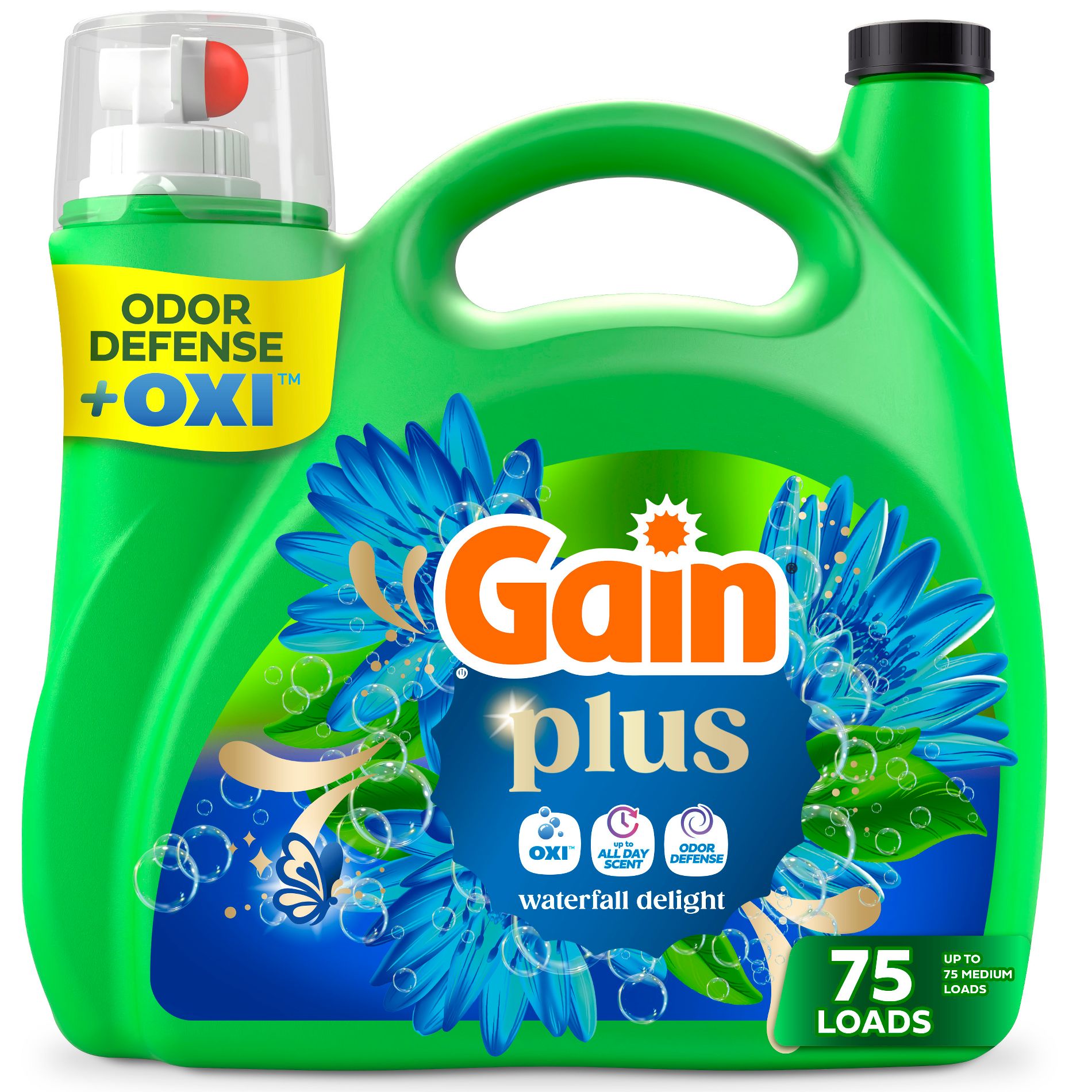 Gain Waterfall Delight Plus Liquid Laundry Detergents 75 Loads - 99oz: Cold Water Detergent, Spill-Resistant Lid
