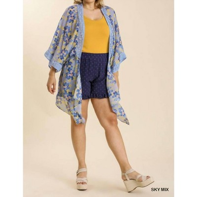 Women's Sheer Floral Print Open Front Duster With Crochet Detail Plus - umgee