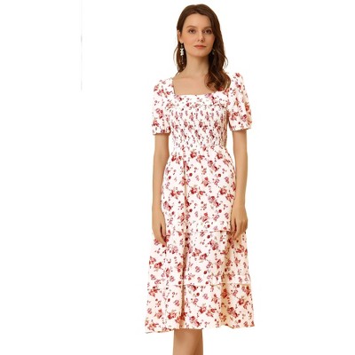 Allegra K Women's Square Neck Smocked Ruffle Summer Floral Midi Dress ...