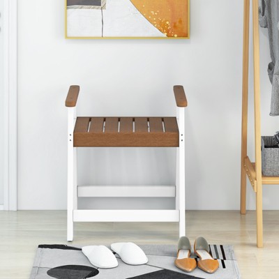 Brown and White Bamboo Spa Shower Bench with Armrests