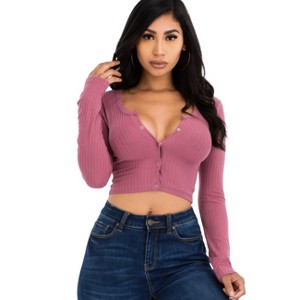 Slickblue Women's Ribbed Long Sleeve Crop Top, Snap Button Front Fitted Tee, 8 Color Options, Size S-L - 1 of 4