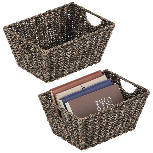 mDesign Woven Water Hyacinth Storage Basket, Lid/Handles, Set of 3 - Black Wash