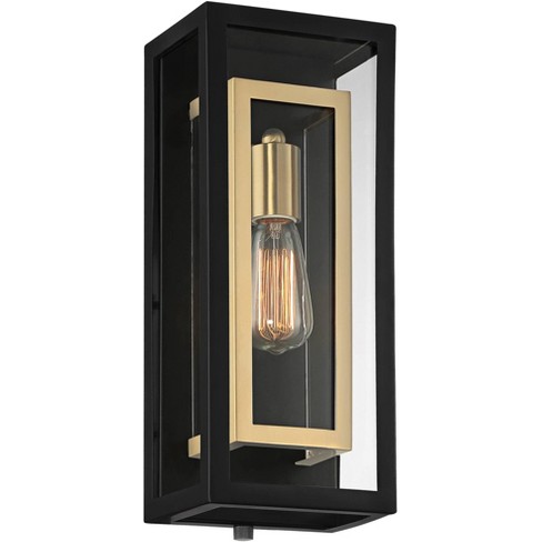 Possini Euro Design Double Box Industrial Outdoor Wall Light Fixture Matte  Black Warm Brass 15 1/2