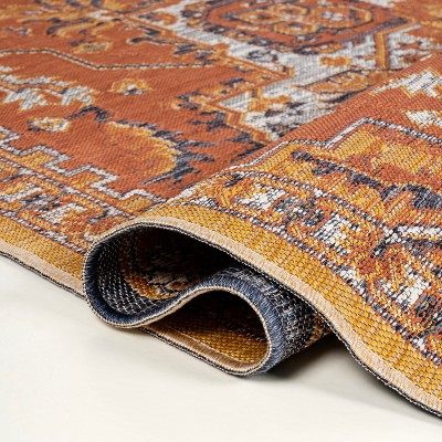 Bijan Terra Blue Cream Medallion Washable Reversible Rug 5x8