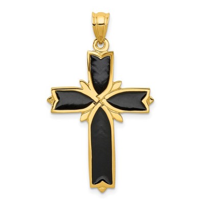 Black Bow Jewelry 14k Yellow Gold & Black Enamel Fleur de Lis Cross Pendant, 22 x 38nm