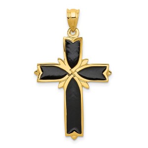 Black Bow Jewelry 14k Yellow Gold & Black Enamel Fleur de Lis Cross Pendant, 22 x 38nm - 1 of 4
