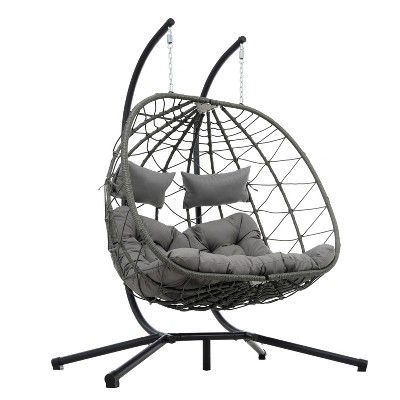 Vynxaria 2-Persons Egg Chair with Stand, Wicker Hanging Swing Chair, Indoor Outdoor Use, Perfect for Patio, Balcony, Bedroom, Living Room