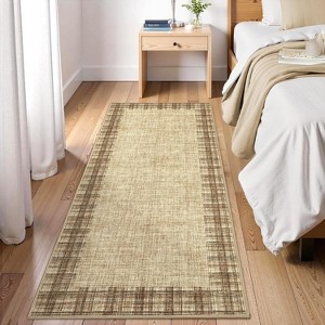 Modern Bordered Striped Runner Rug - Washable Stain Resistant Throw Carpet with Non-Slip Backing Low Pile Floor Cover for Hallway Laundry Bedroom - 1 of 4
