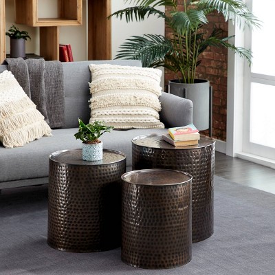 Brown Hammered Metal Round Accent Tables Set of 3