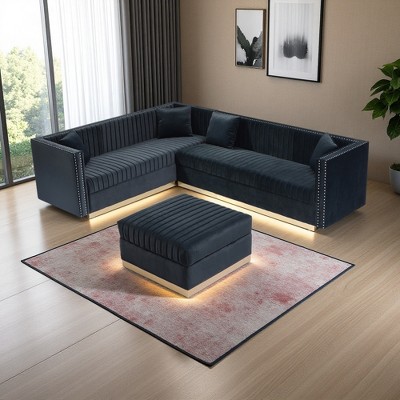 100.8" Velvet U-Shaped Sectional Sofa with Ottoman, Channel Tufting, Gold Base & 4 Pillows