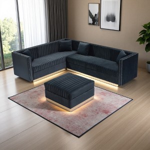 100.8" Velvet U-Shaped Sectional Sofa with Ottoman, Channel Tufting, Gold Base & 4 Pillows - 1 of 4