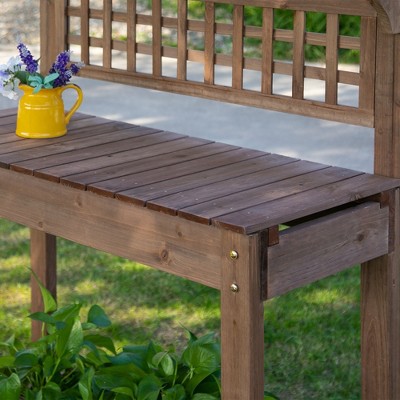 Brown Fir Wood Garden Potting Bench with Sliding Tabletop and Storage