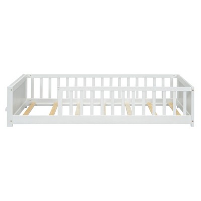 YOOCOZZ Twin Size Floor Platform Bed with Built-in Book Storage Rack and Guardrails