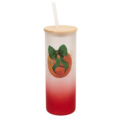 Elanze Designs 25 Ounce Frosted Glass Gradient Travel Tumbler With Straw and Wooden Lid, Basketball With Green Bows Red