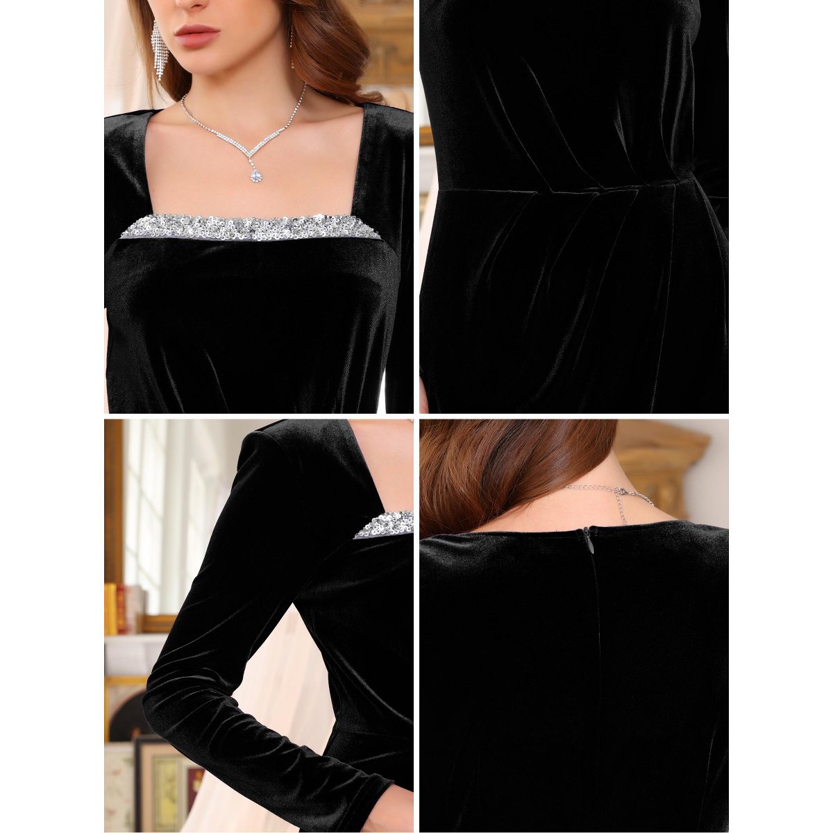 Женские платья INSPIRE CHIC Women's Velvet Ruched Square Neck Long Sleeve Formal Evening Cocktail Midi Dresses Large Black — фото 5