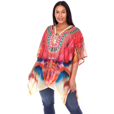 Women's Plus Size Short Caftan With Tie-up Neckline Red One Size Fits ...