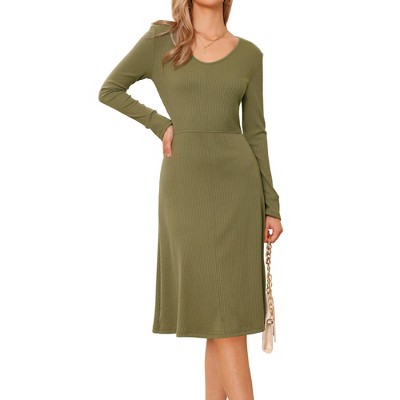 INSPIRE CHIC Women's Ribbed Knitted Long Sleeve V Neck Midi Sweater Dresses