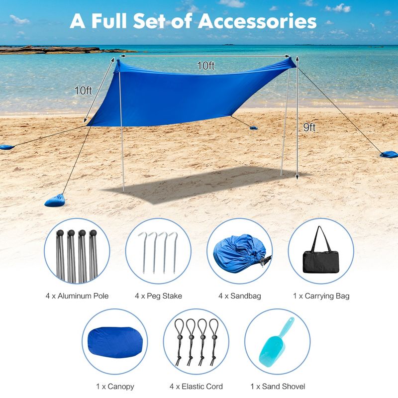 Costway Family Beach Tent Canopy w/4 Poles Sandbag Anchors 10'x9' UPF50+ Purple/Green/Blue, 3 of 10