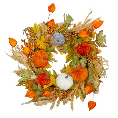 Northlight Velvet Pumpkins and Wheat Artificial Fall Harvest Wreath - 24-Inch, Unlit